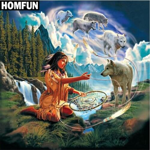 HOMFUN Full Square/Round Drill 5D DIY Diamond Painting "Girl & Wolf" Embroidery Cross Stitch 5D Home Decor Gift A06176