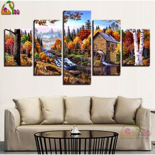 Diamond Painting Cross Stitch 5 Pcs Wooden House Forest River Scenery Full Drill DIY Painting Diamond Village Natural Landscape