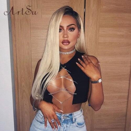 ArtSu 2020 Chain Lace Up Sleeveless Knit Top Sexy Clubwear Tank Tops Tees Camisole Women Red Crop Top Streetwear ASVE20315