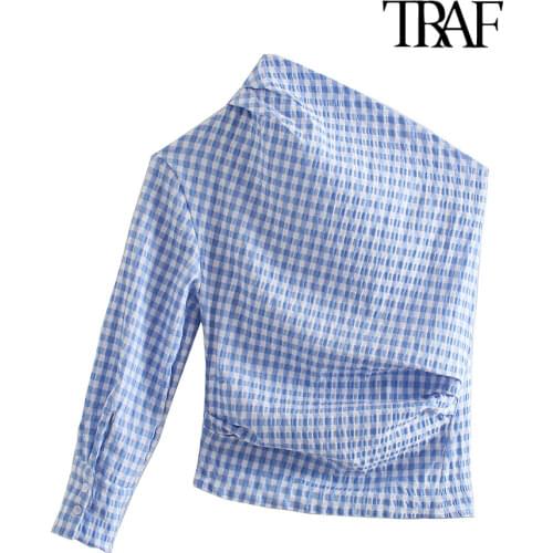 TRAF Women Fashion Pleated Asymmetry Check Blouses Vintage One Shoulder Back Button-up Female Shirts Blusas Chic Tops