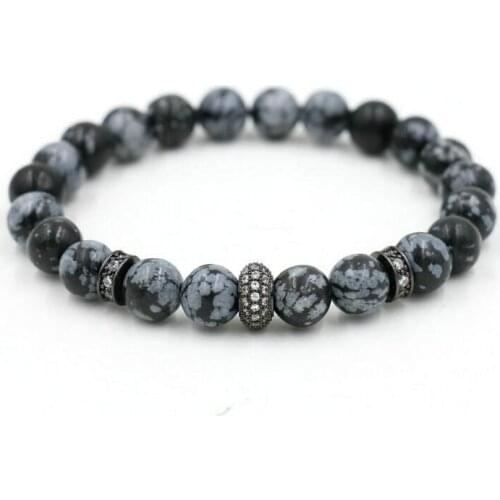 8MM Natural Black Matte Onyx Snowflake Stone Bead Bracelet Sagittarius Constellation Charm Elastic Micro CZ Copper Bracelets