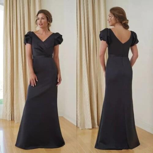 Black Satin Cheap Wedding Mothers Formal Evening Gown party prom dress mother Of The Bride Dresses V Neck Floor Length