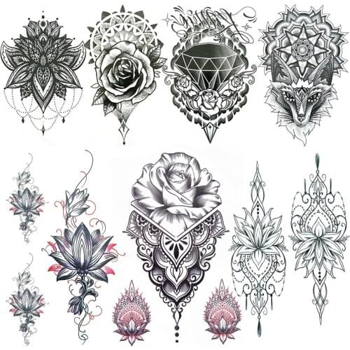 Owl Fake Jewelry Temporary Tattoos For Women Girls Black Rose Henna Flower Tattoo Geometric Lion Lotus Chains Chest Tatoo Sheets