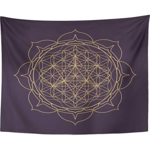 Mandala 60x80 Inches Gold Monochrome Abstract Mandala Sacred Geometry Flower of Life Merkaba Lotus Dark Decor Wall Hanging