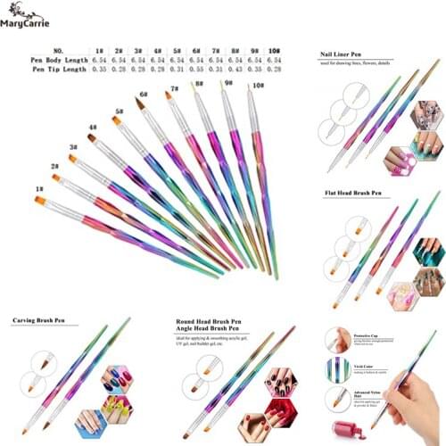 MaryCarrie 10Pcs Acrylic Nail Brushes Kit 3D Art Liner Set Design Painting Gradient Pen for UV Gel