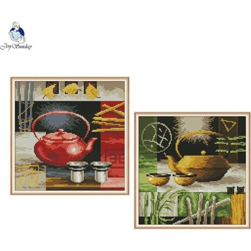 Needlework Series,Teapot And Teacup Patterns,Printed Canvas DMC 11ct 14ct Cross Stitch,Set for Embroidery Kits Home Decor