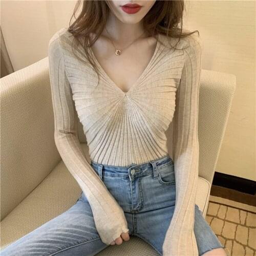 New Spring Ribbed Striped Elastic T Shirt Women Top Casual Long Sleeve Shirt Cotton T-Shirts Tops Knitted Blusas