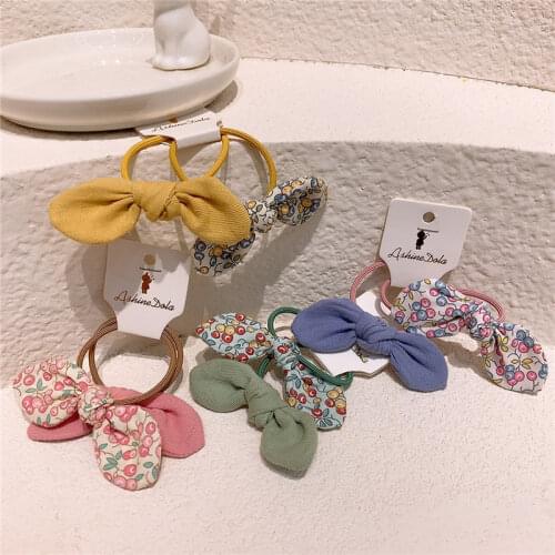 2021 New Nordic Style Sweet Girl Floral Cherry Fabric Rabbit Ears Hair Rope Childrens Ponytail Rubber Band Hair Accessories
