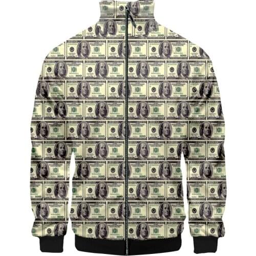 New 3d Dollar Paper Money Printed Stand-up Collar Jacket Funny Nonvelty Casual Suitable Fall Winter Oversized Zipper Coats IFPD