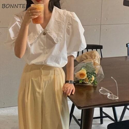 Shirts Women Holiday Solid College Peter Pan Collar All-match Mujer Creativity Chic Streetwear Harajuku Summer Casual Retro Ins