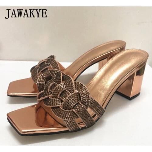 Woven Chunky High Heel Sandals Women Square Toe Crystal Summer Slippers Bright matte Crocodile Leather Slides Runway Women Shoes
