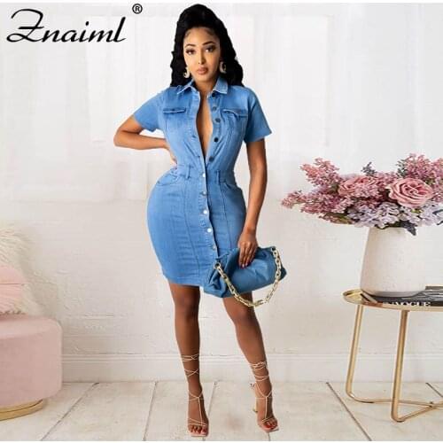Znaiml Sexy Turndown Collar Cotton Bodycon Jeans Dress For Women Buttons Summer 2021 Party Club Denim Dress Ladies Mini Dress