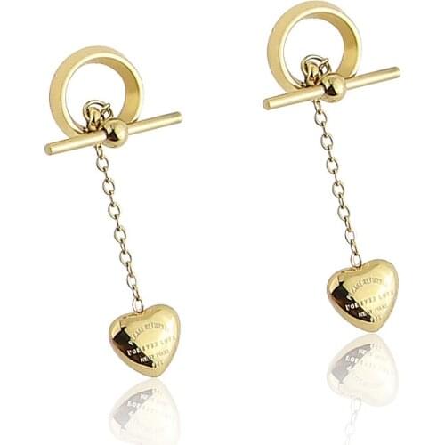 New Round Ring Peach Heart Tassel Titanium Steel Rose Gold Earrings Fashion Girls Rose Gold Peach Heart Earrings Wholesale