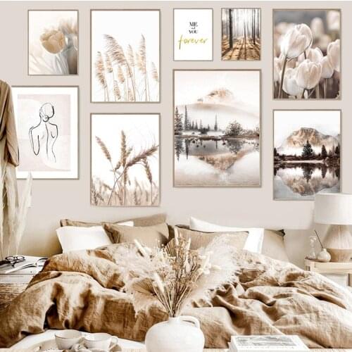 Pampas Grass Canvas Picture Nordic Landscape Wall Art Printings Frameless Modern Home Room Decor Lake Moutain Printings