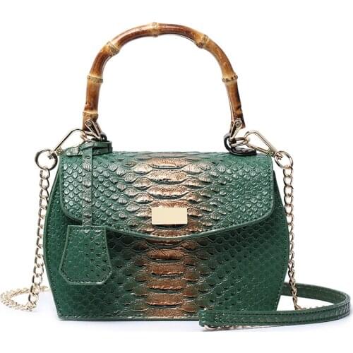 Vintage Bamboo Handle Women Handbags Design Chains Shoulder Bag Luxury Snake Pu Leather Crossbody Bag Lady Small Flap Purse 2021