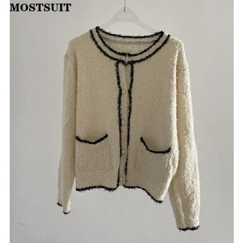 Vintage Elegant Knitted Cardigan Coat Women Full Sleeve Single Breasted Patchwork Sweater Tops Korean Ladies Jumpers Knitwear