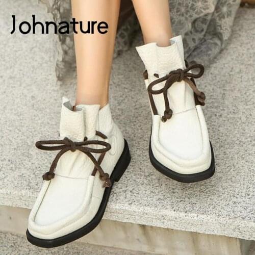 Johnature Lace-up Women Boots 2021 New Winter Women Shoes Genuine Leather Round Toe Flat With Sewing Casual Ankle Platform Boots