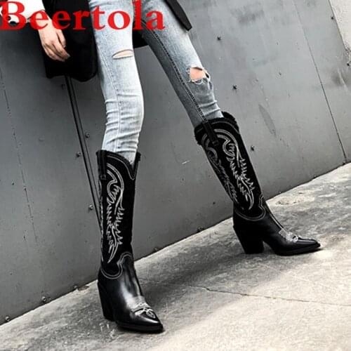 Occident High Heels Womens Boots Pointed Toe Western Boots Women Denim Patchwork Long Boots Cool Girls Bottes Femmes Chaussures