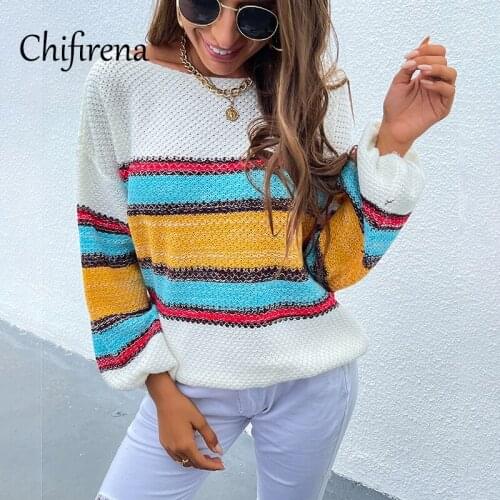 Chifirena Rainbow Striped Women Sweaters Loose Jumper Pullovers Tops Knitted Oversized Ladies Winter Slash Neck Sweaters Woman