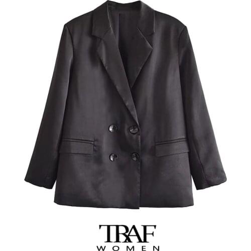 TRAF Za Women Fashion Double Breasted Loose Blazer Coat Vintage Long Sleeve Flap Pockets Female Outerwear Chic Veste