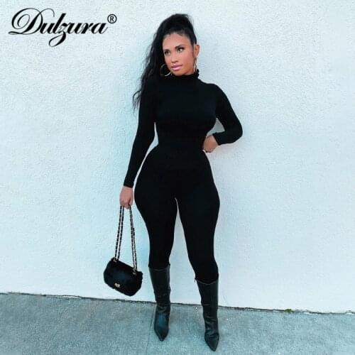 Dulzura Solid Women Long Sleeve Jumpsuit High Neck Pearl Button Skinny Bodycon Sexy Streetwear 2020 Autumn Winter Sporty Romper