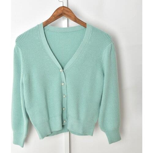 Women V-Neck Single-Breasted Pearl Buttons Cardigan Ladies 2021 Early Autumn Long Sleeve Fashion Green Sweater Outwear Tops