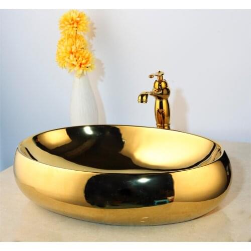 Bathroom Golden Basin Ceramic Basin Vessel Bowl Sink Tap With Drain Wash Basin Faucet Set