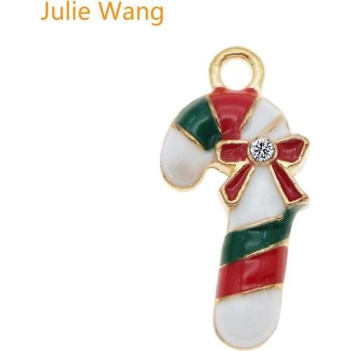 Julie Wang 10pcs Enamel Christmas Cane Charms Gold Tone Pendant Necklace Jewelry Finding Making Accessory Festival Decor