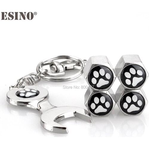 4 x Car Styling Stainless Steel Zinc Alloy Wheel Tire Valve Stems Caps Dog Footprint Universal Fit With Mini Wrench Key Chain