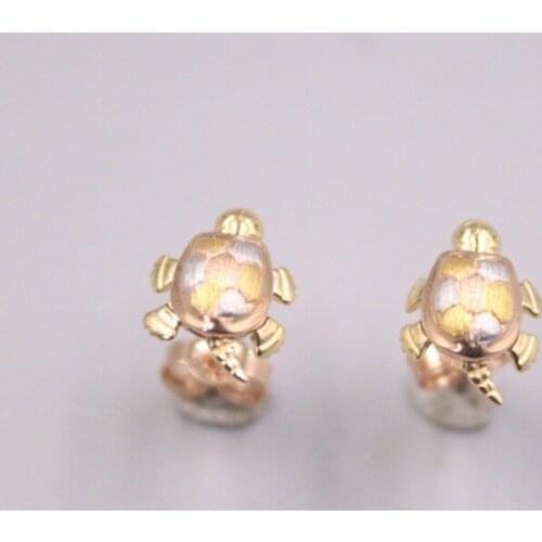 Pure 18K Yellow Gold Earrings Men Women Gift Lucky Colorful Tortoise Stud Earrings / 1.8g / 16*11mm
