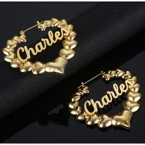 Custom Fashion Stainless Steel Heart Shape Bamboo Hoop Earrings for Women Personalized Customized Hiphop Gold Statement Jewelry