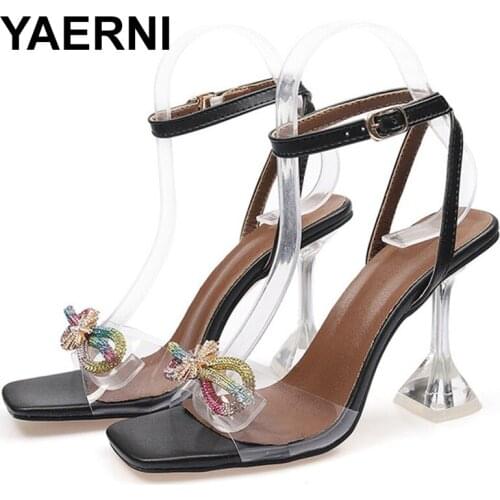 YAERNISexy Fashion Women Pumps Butterfly Knot Crystal Buckle Strap Transparent Ladies Sandals High Heel Square Toe WomanStiletto