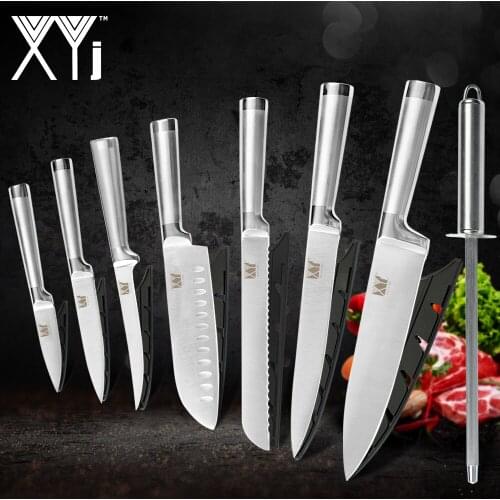 XYj 9pcs Kitchen Stainless Steel Knives Set Sharpener Bar 8 inch Knife Stand Chef Slicing Bread Santoku Utility Paring Knives