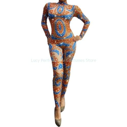 New recommended full diamond tight package hip tight one-piece suit night club jazz pole dance gogo sexy performance clothes