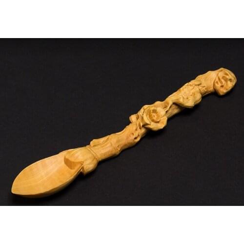 Boxwood carving creative hand to carved icrafts solid wood long le take tea spoon shovel