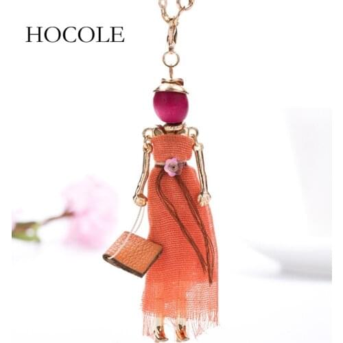 HOCOLE Modern Design Handmade French Doll Necklace Lovely Long Chain Pendant Rhinestone Necklaces Women Girl Statement Jewelry