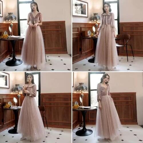 Bridesmaids Dress Ilusion A-Line Full O-Neck Elegant Floor-Length Sequined Lace Tulle Pink Vintage Women Wedding Party Gown E569