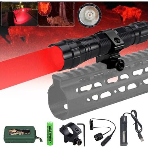 Q5 Red 500 Yards Tactical Led Weapon Gun Light Night Hunting Flashlight+Rifle Scope Mount+Pressure Switch+18650+USB Charger+Box