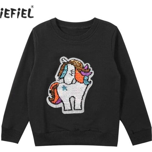 Pink Shiny Sequins Cartoon Horse Girls Sweatshirts Teen Kids Clothes Autumn Cotton Girls Clothing Long Sleeve Tops Sweatshirt