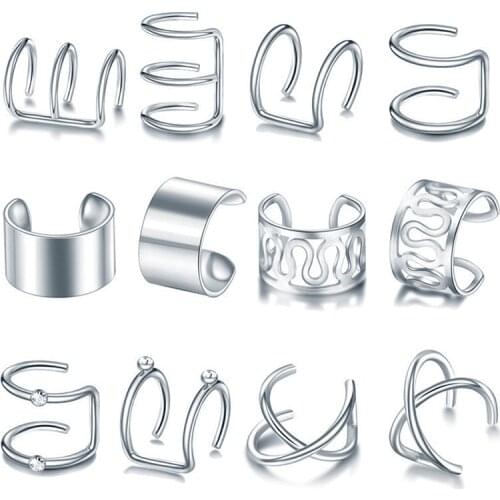 12 pcs/set Trendy Hip-Hop Ear Clip Earrings Fake Cartilage Earrings for Women Non-Piercing Ear Bone Clip Ear Buckle Set Jewelry