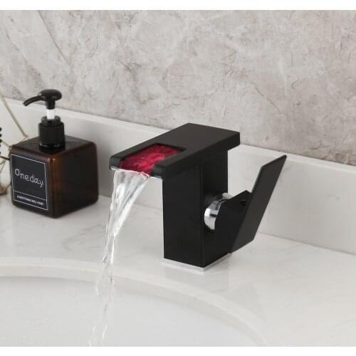 Waterfall LED Bathroom Black Brass Basin Mixer Tap Single Handle Faucet Deck Mounted