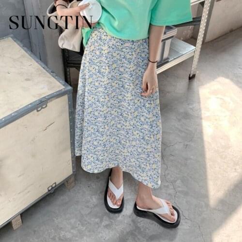 Sungtin Print Floral Sweet Long Skirt Women Korean Chic Bohemian Skirt Female 2021 Elegant Loose Casual A Line Long Skirt Summer