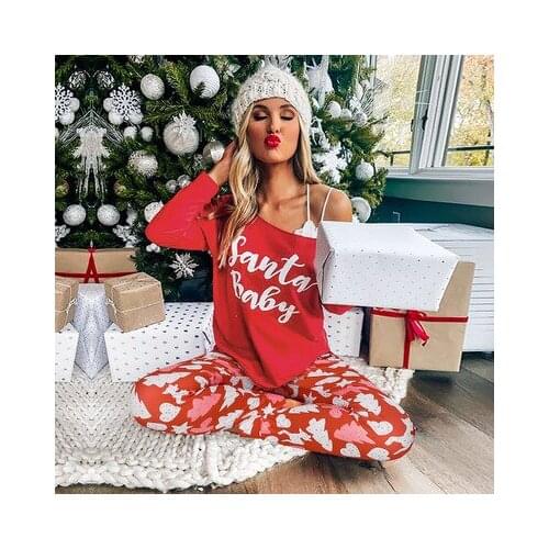 Knit Two Piece Set Fashion Home Clothing Ladies The Two Piece Womans Set Christmas Happy Casual Long Sleeve Tshirts&long Pants
