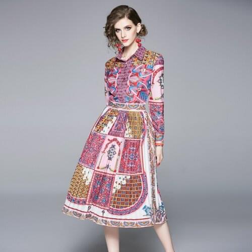 Vintage Spring Womans Pleated Dress Slim Female Ethnic Printed Mid Skirt for Office Lady Full Sleeve Woman New Skirt Dress