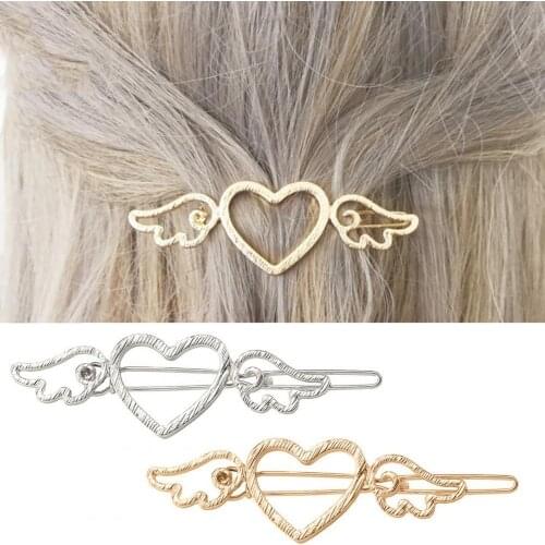 80%Hot Sale Korean Style Vintage Hollow Love Heart Angel Wing Women Hairpin Hair Clip Metal Barrette Elegant Silver Golden Pins