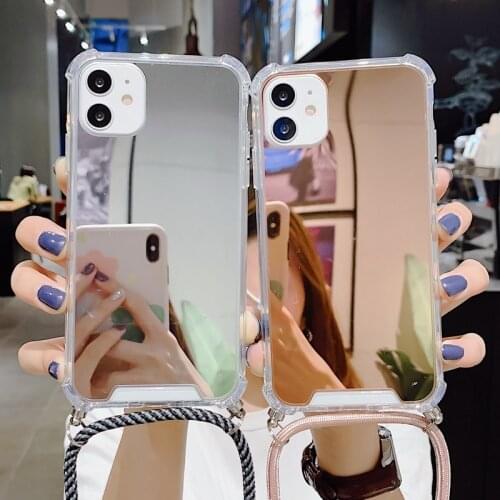 Strap Cord Chain Tape Necklace Lanyard Phone Case For iPhone 12 11 Pro X XR XS Max 6 6s 7 8 Plus Acrylic Mirror Back Cover