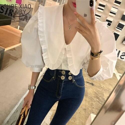 2021 Korea Lantern Sleeve Women Blouse and Tops Casual Loose V Neck Women Shirts Spring Sweet Female Clothing Blusas 13479