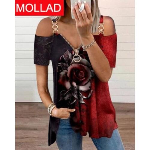 Womens Summer Fashion Casual Short Sleeve Shirt Hollow Cold Shoulder Vest Deep V-neck Zipper Blouse Rose Flower