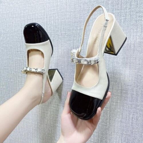 Patent Leather mixed color sandals women summer thick high heels shoes woman pumps square toe metal chain elastic band sandalias