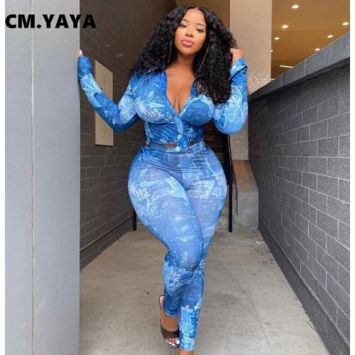 CM.YAYA Women Set Print Full Butterfly Sleeve V-neck Slim Crop Tops Skinny Pencil Pants Two 2 Piece Sets Tracksuit Autumn Outfit